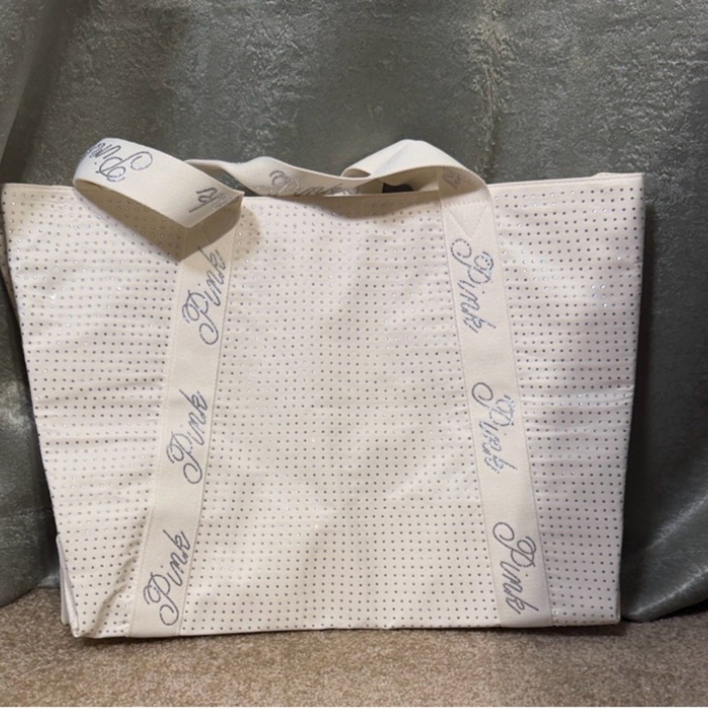 PINK Victoria's Secret Cream and Silver Glitter Tote with Branded Straps NWT